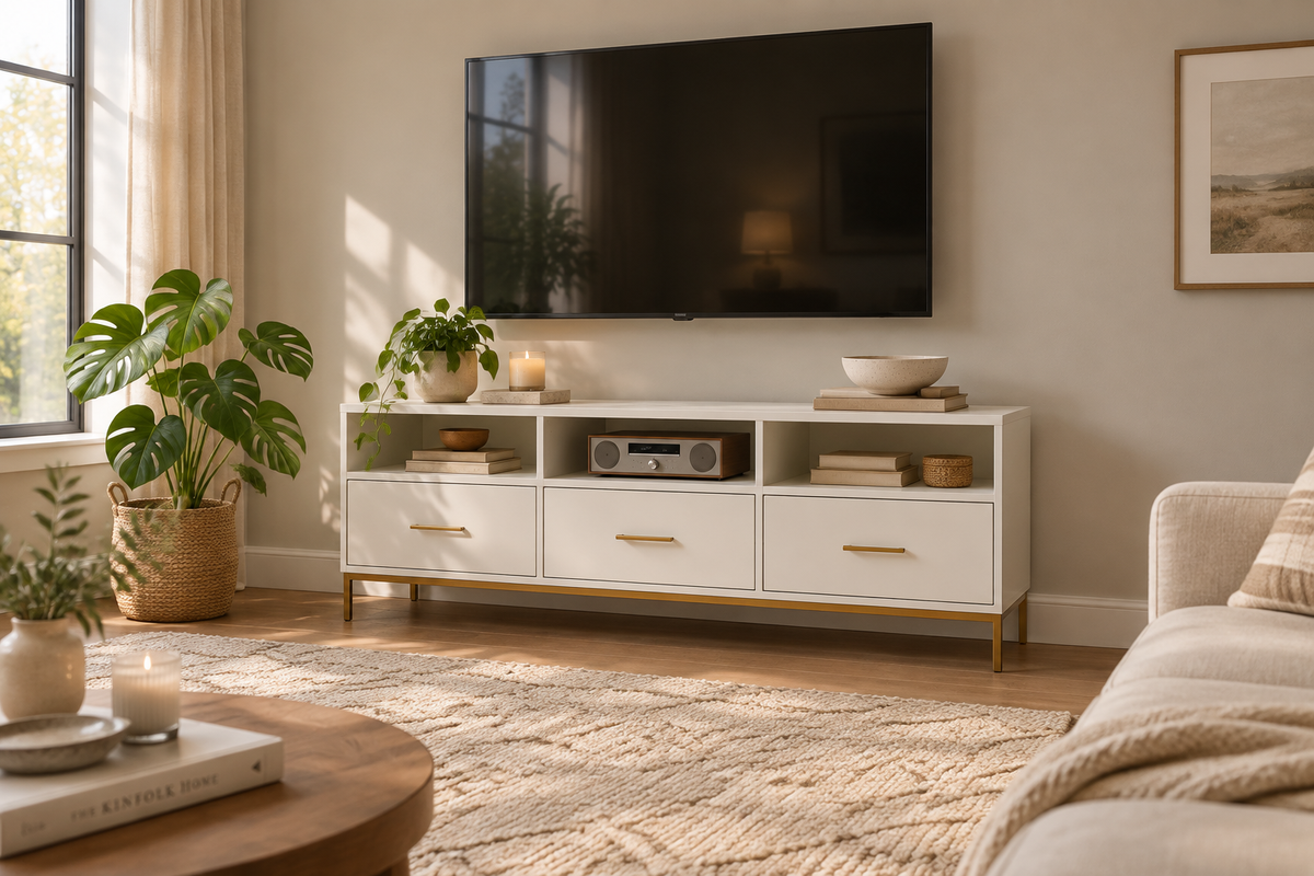 White Wood TV Console in Living Room Scene
